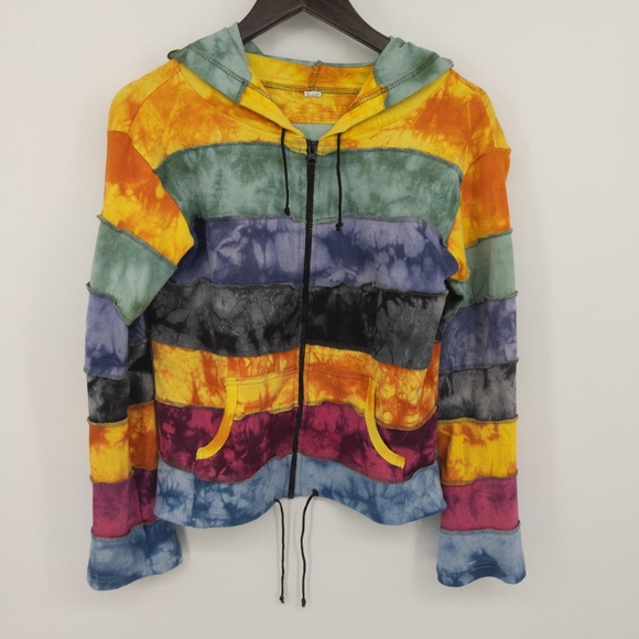 Tops - Boho Tie Dye Patchwork Hoodie Hippie Zip Up
